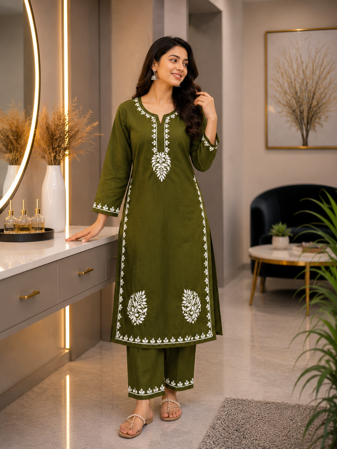 This item: Rayon Set Chikankari Mehndi